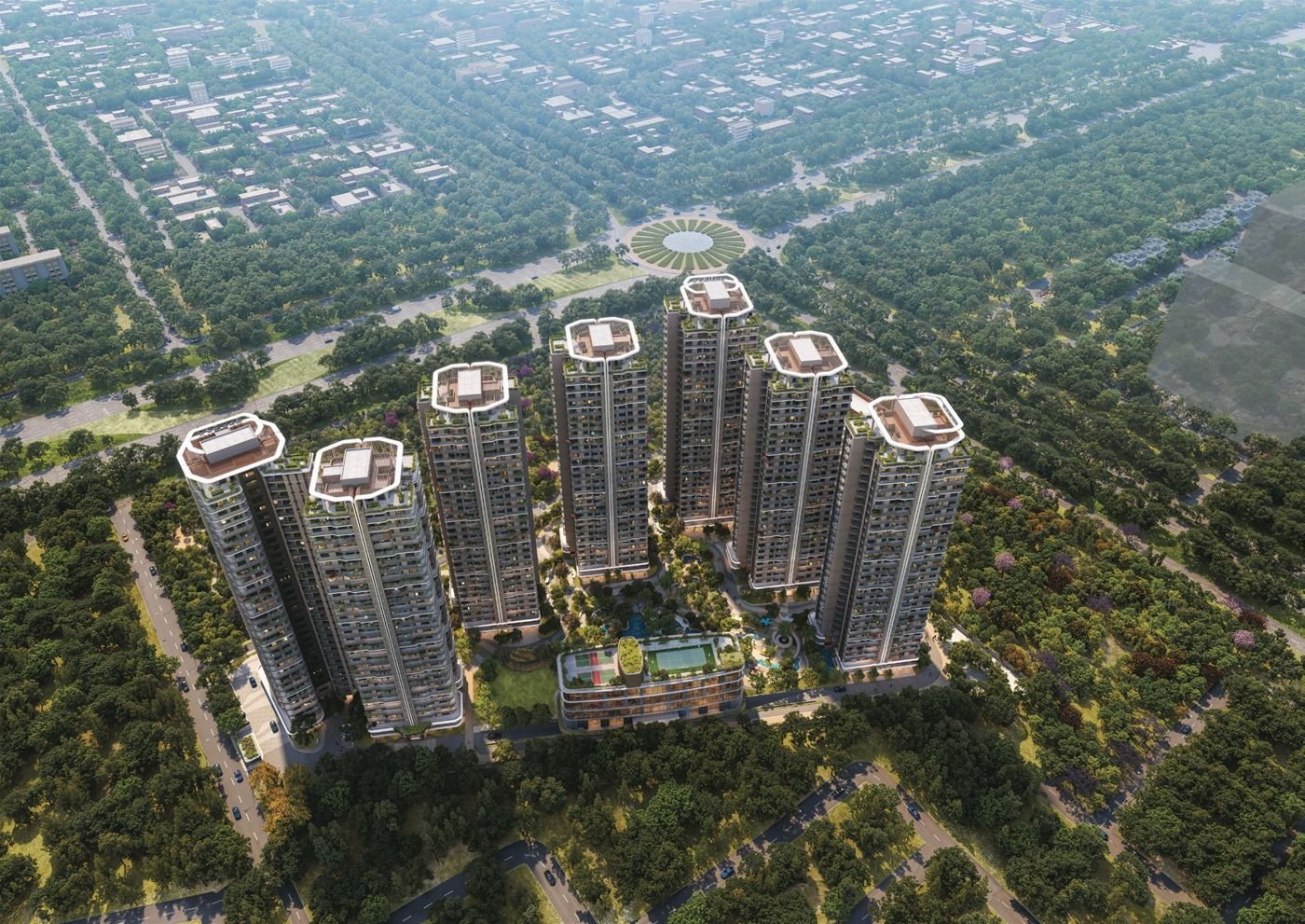 Aerial view of the seven towers, artistic impression